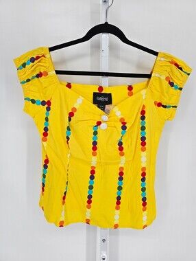Collectif London Womens Sz 14 Pinup 1950s Style Top Bright Yellow Dot Print